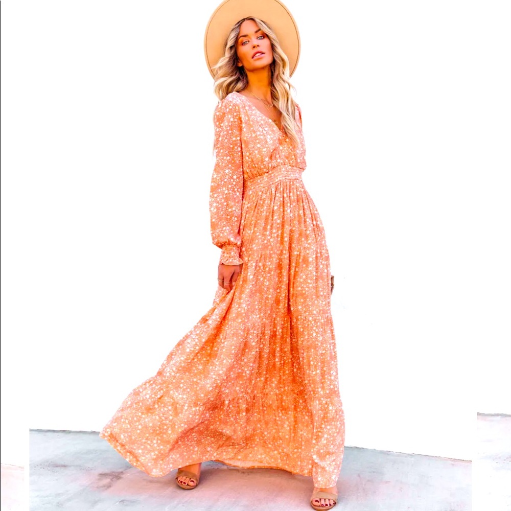 VICI Takeoff Star Printed Peach Maxi Dress With Pockets